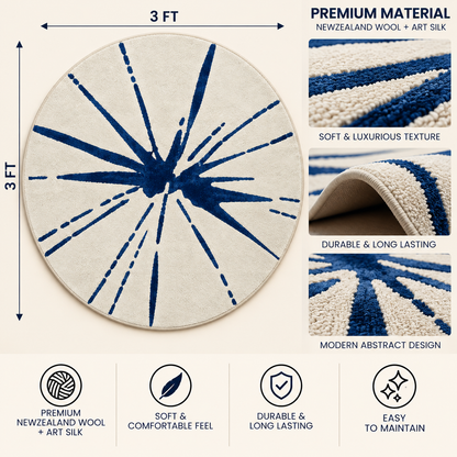 Navy Sunburst Round Rug - 3*3ft | Radiating Navy Sunburst Pattern (GG)