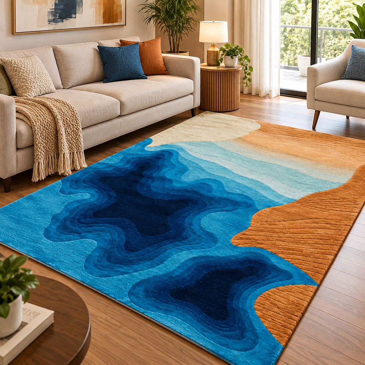 Ocean Wave New Zealand Wool & Art Silk Rug | Layered Ocean Wave Abstract Pattern (GG)