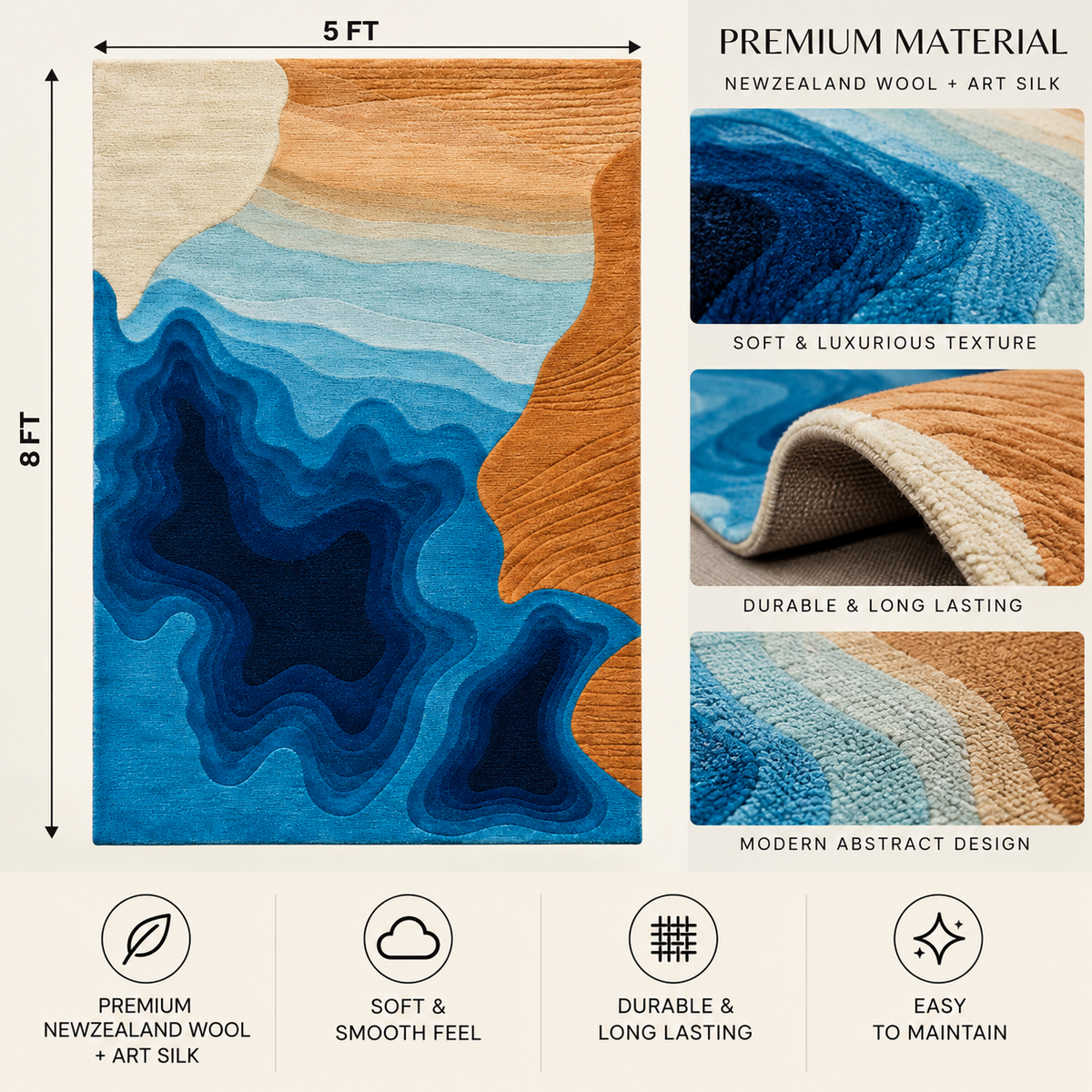 Ocean Wave New Zealand Wool & Art Silk Rug | Layered Ocean Wave Abstract Pattern (GG)