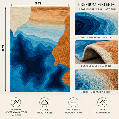 Ocean Wave New Zealand Wool & Art Silk Rug | Layered Ocean Wave Abstract Pattern (GG)