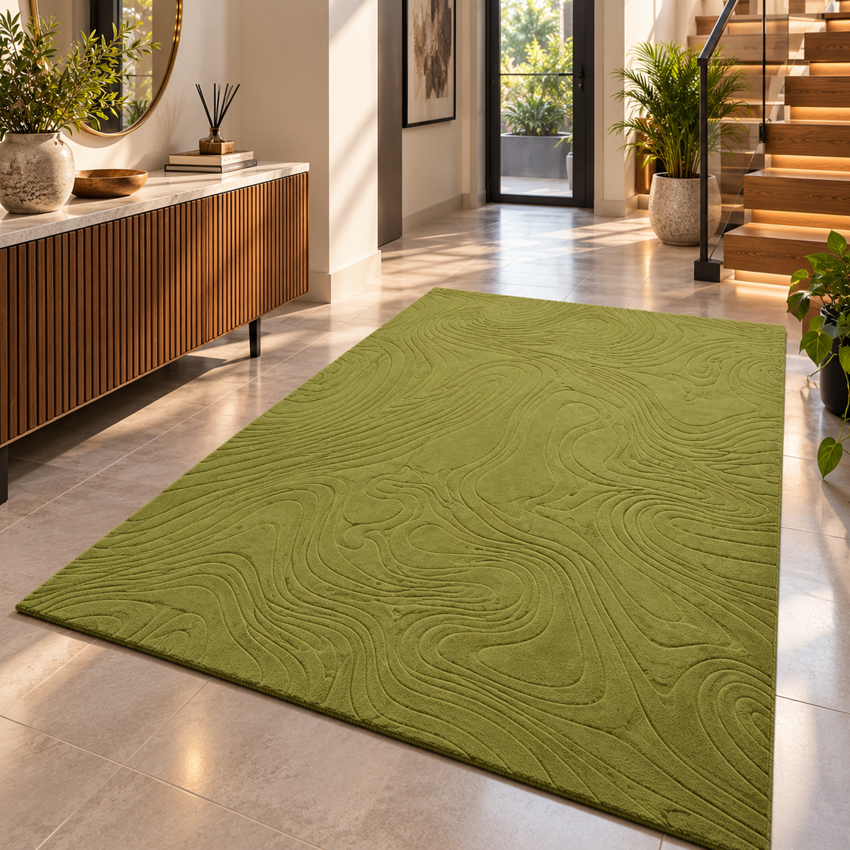 Olive Abstract Rug | Embossed Contour Abstract Pattern (GG)