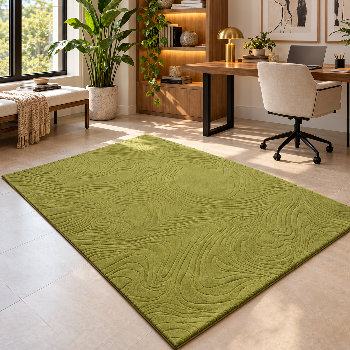 Olive Abstract Rug | Embossed Contour Abstract Pattern (GG)