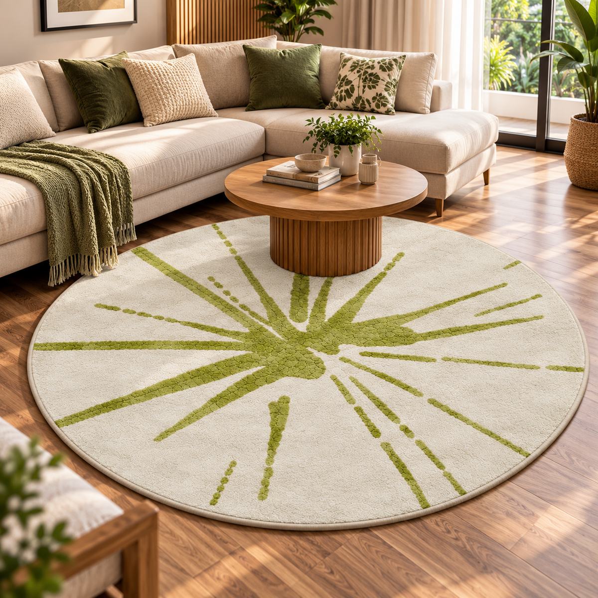 Olive Sunburst Round Rug - 3*3ft | Radiating Olive Sunburst Pattern (GG)
