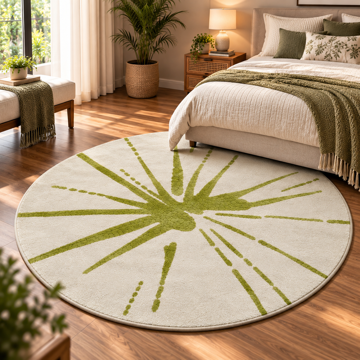 Olive Sunburst Round Rug - 3*3ft | Radiating Olive Sunburst Pattern (GG)