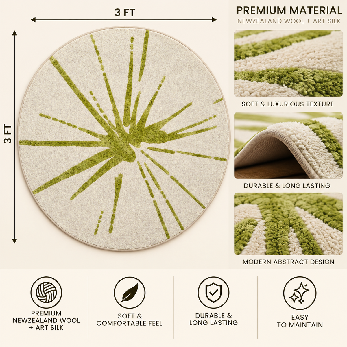 Olive Sunburst Round Rug - 3*3ft | Radiating Olive Sunburst Pattern (GG)