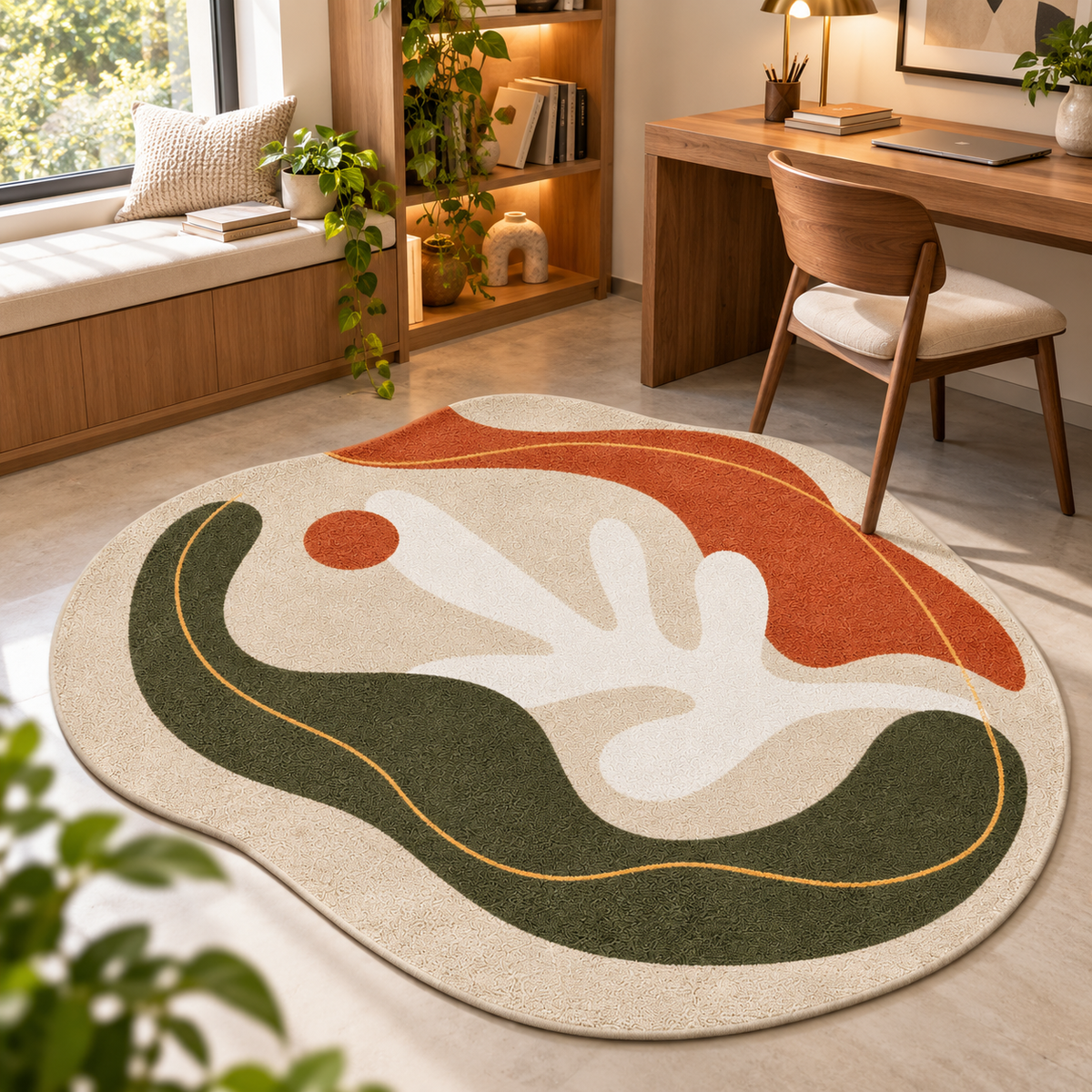 Organic Olive Abstract Rug | Fluid Abstract Composition with Organic Curves (GG)
