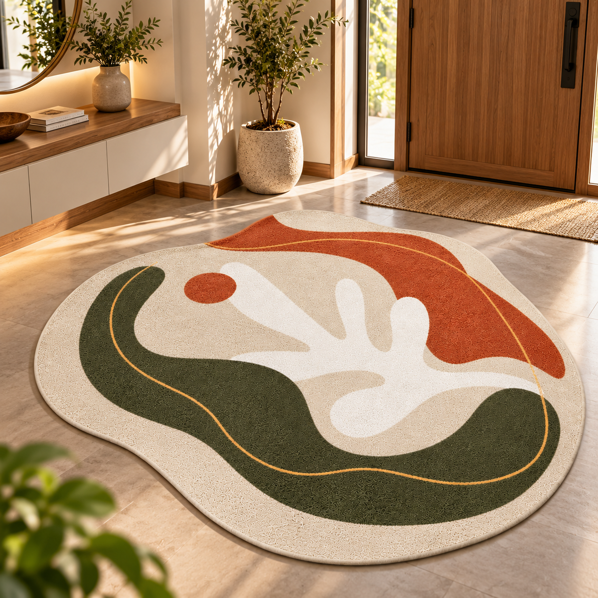 Organic Olive Abstract Rug | Fluid Abstract Composition with Organic Curves (GG)
