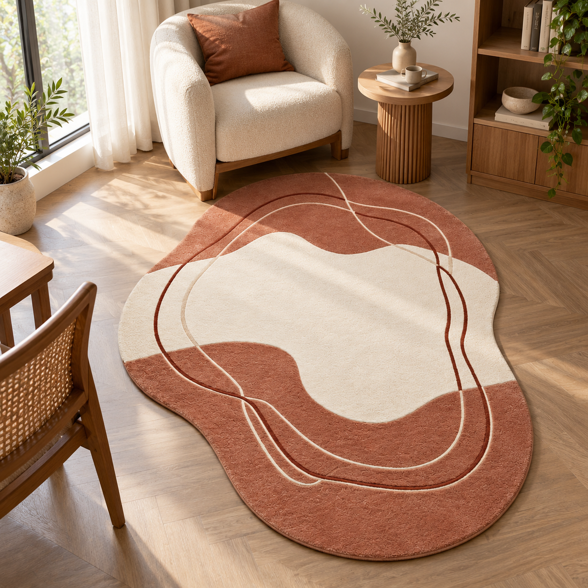 Organic Terracotta Rug | Organic Silhouette with Abstract Lines (GG)