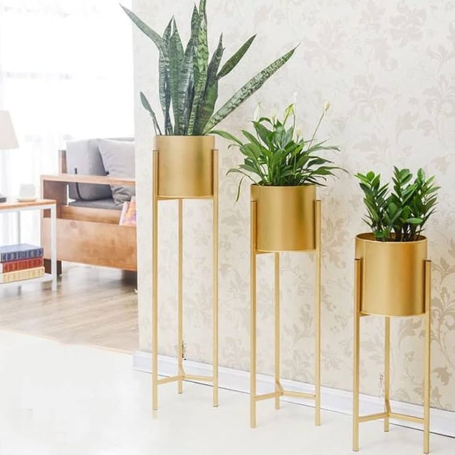 3-in-1 Gold Planter Set with Stand - 20 Inch, 25 Inch, & 30 Inch (MVS)