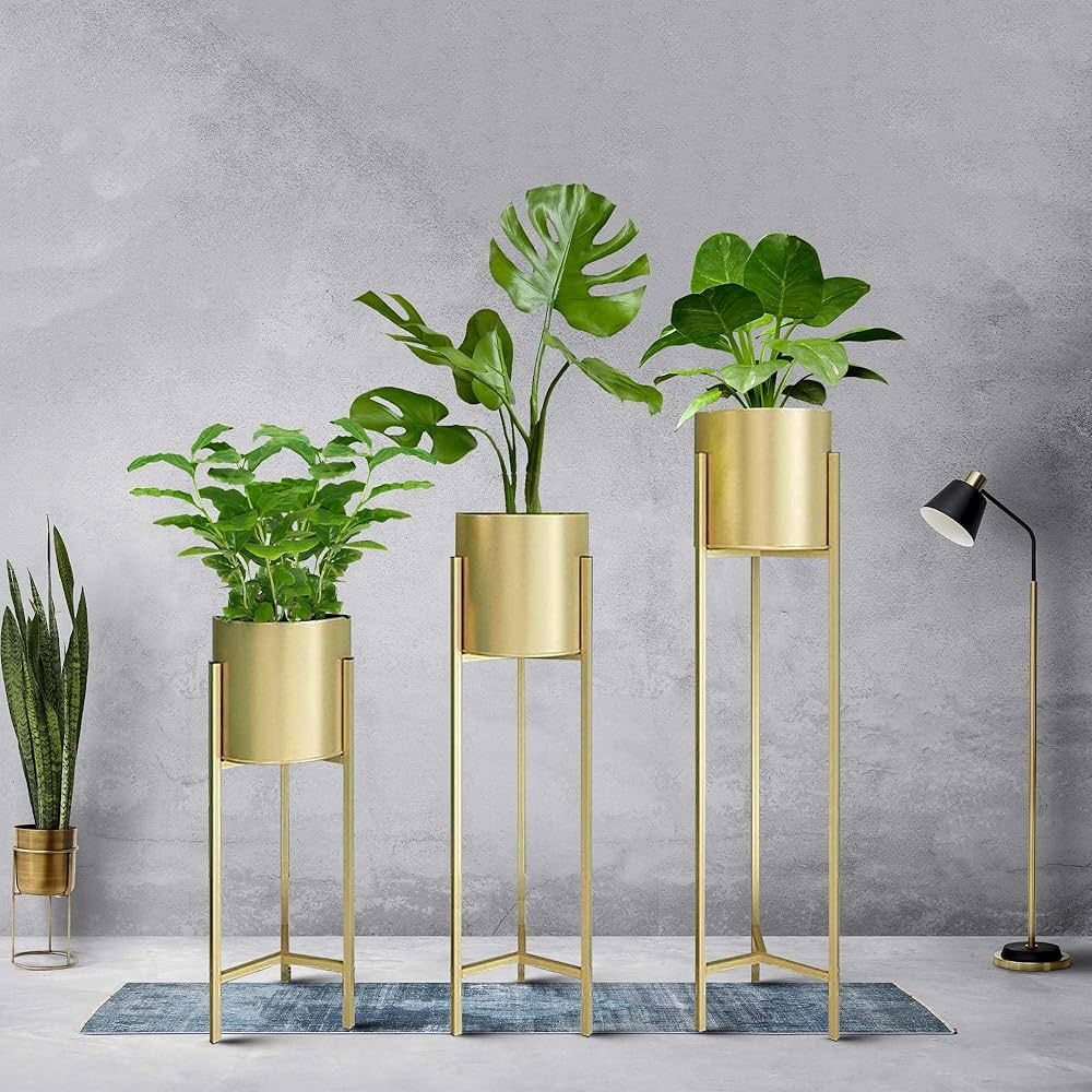 3-in-1 Gold Planter Set with Stand - 20 Inch, 25 Inch, & 30 Inch (MVS)