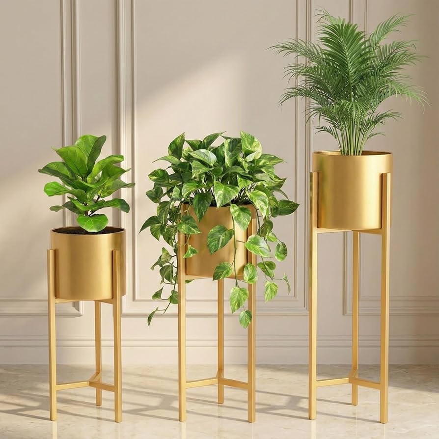 3-in-1 Gold Planter Set with Stand - 20 Inch, 25 Inch, & 30 Inch (MVS)