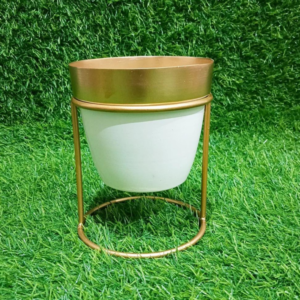 White & Gold Metal Planter Set with Stand - 7 & 4.1 Inch (MVS)