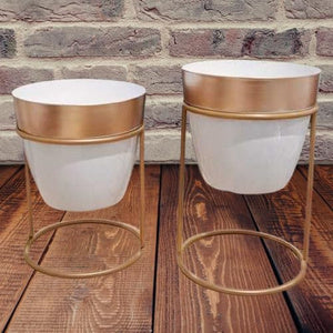 White & Gold Metal Planter Set with Stand - 7 & 4.1 Inch (MVS)