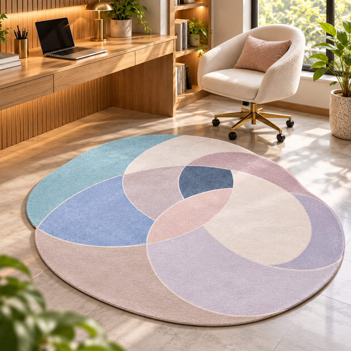 Pastel Overlap Modern Rug | Geometric Oval Form Composition (GG)