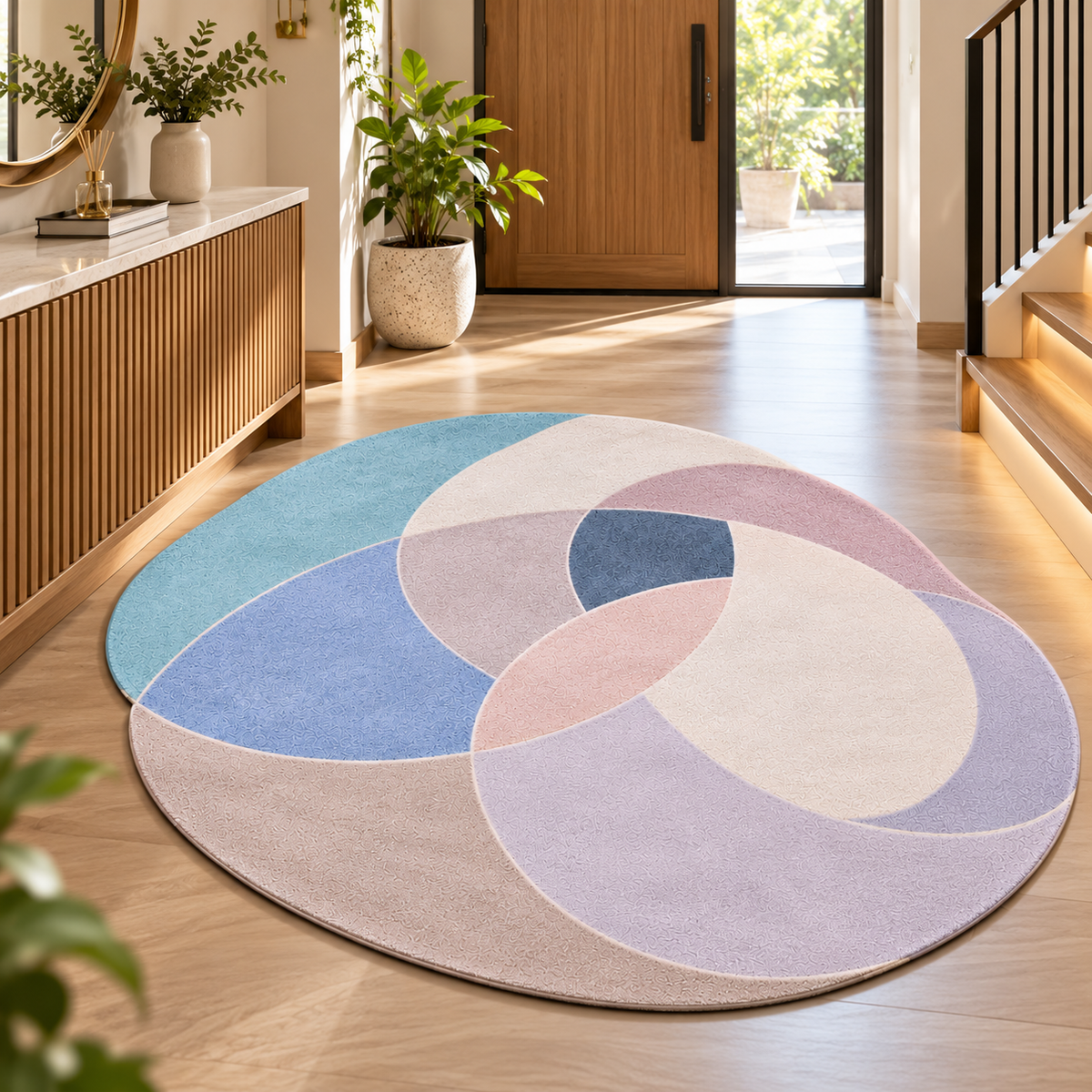 Pastel Overlap Modern Rug | Geometric Oval Form Composition (GG)