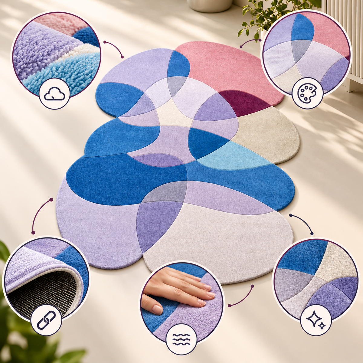 Pastel Petal Abstract Rug | Overlapping Organic Petal-Like Shapes (GG)