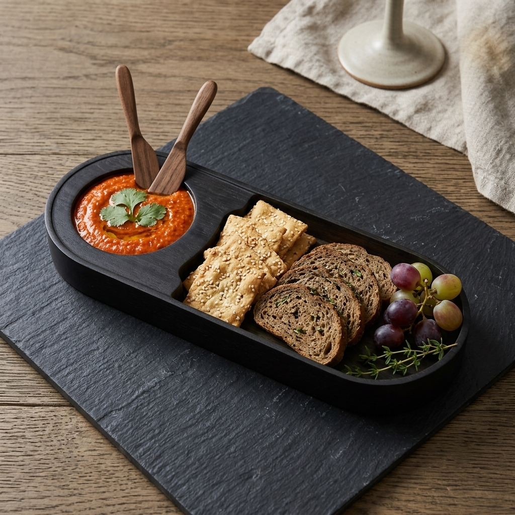 Premium Bamboo Snacks Serving Tray with Built-In Dip Bowl – Rectangular Wooden Snack Platter | 12 × 4 × 1.25 inches (DZ)
