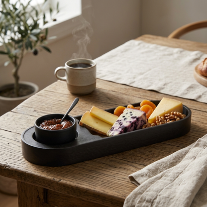 Premium Bamboo Snacks Serving Tray with Built-In Dip Bowl – Rectangular Wooden Snack Platter | 12 × 4 × 1.25 inches (DZ)