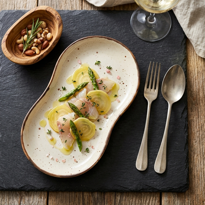 Premium Beige Ceramic Serving Platter – Speckled Finish with Organic Curved Design | 37 × 14.5 × 2.5 cm (DZ)