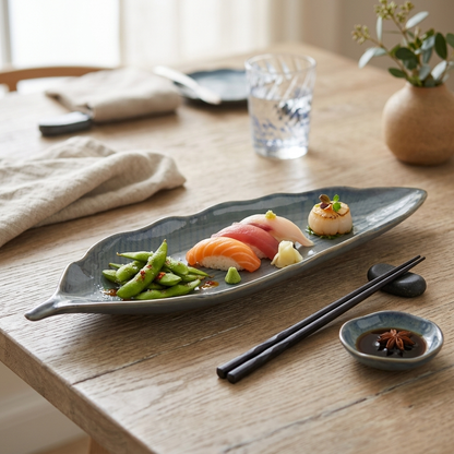 Premium Blue Stoneware Ceramic Leaf-Shaped Serving Platter | 31 × 11.5 × 2.5 cm (DZ)