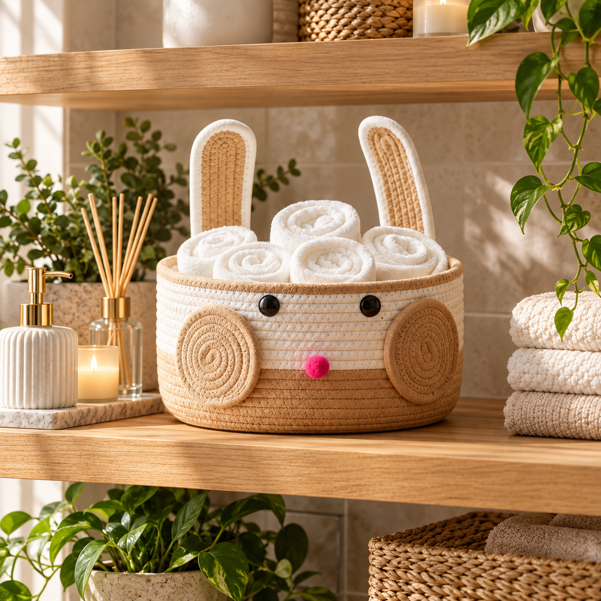 Premium Bunny Ears Cotton Rope Storage Basket – Cute Rabbit Design Nursery & Kids Bathroom Organizer | 25 × 25 × 25 cm (DZ)