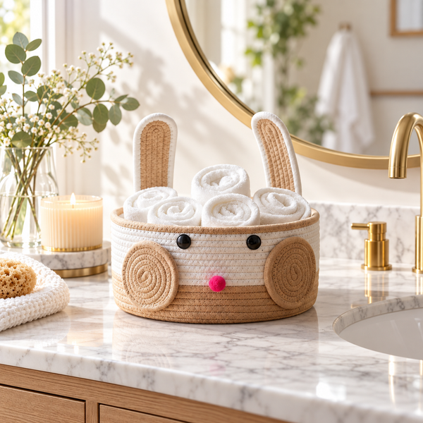 Premium Bunny Ears Cotton Rope Storage Basket – Cute Rabbit Design Nursery & Kids Bathroom Organizer | 25 × 25 × 25 cm (DZ)