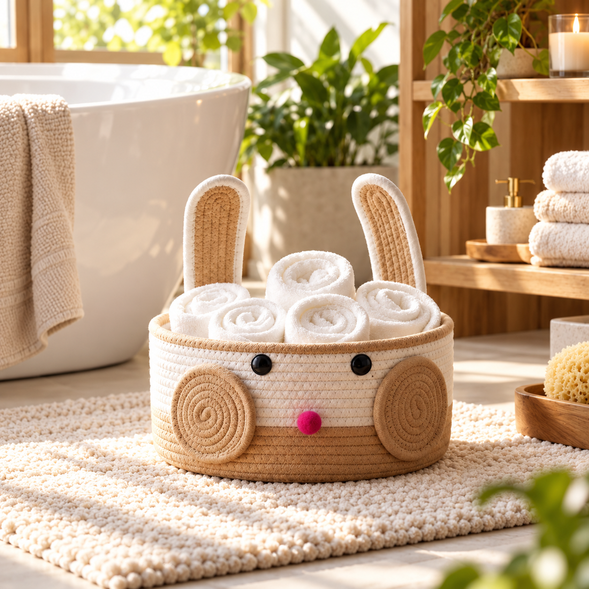 Premium Bunny Ears Cotton Rope Storage Basket – Cute Rabbit Design Nursery & Kids Bathroom Organizer | 25 × 25 × 25 cm (DZ)