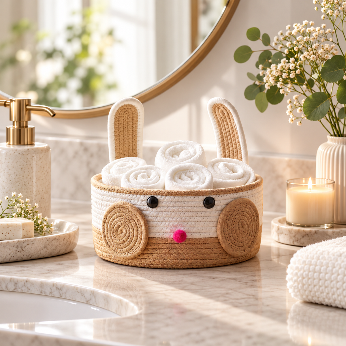 Premium Bunny Ears Cotton Rope Storage Basket – Cute Rabbit Design Nursery & Kids Bathroom Organizer | 25 × 25 × 25 cm (DZ)