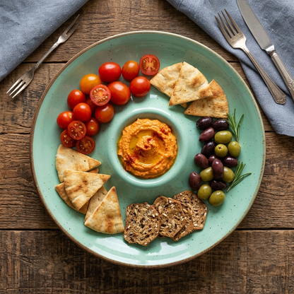 Premium Ceramic Chip & Dip Serving Platter – Glossy Speckled Finish with Built-In Dip Bowl | 25 × 25 × 3 cm (DZ)