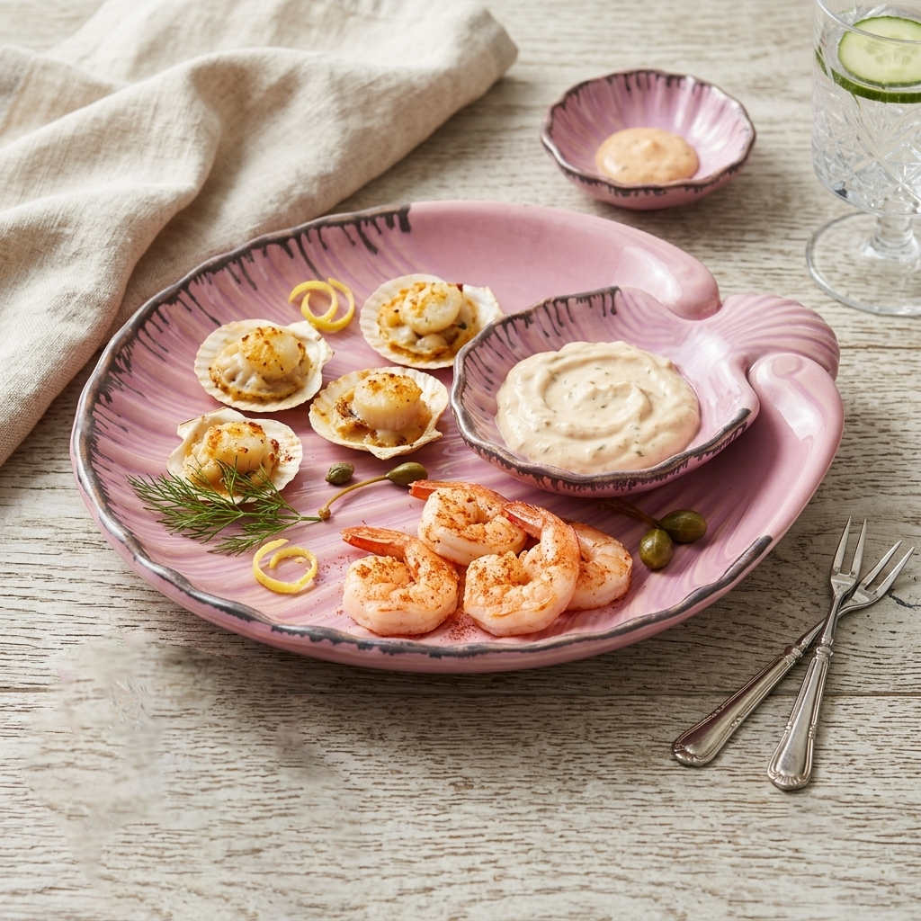 Premium Ceramic Seashell Chip & Dip Serving Platter – Glossy Shell Design | 27 × 25.5 × 4 cm (DZ)