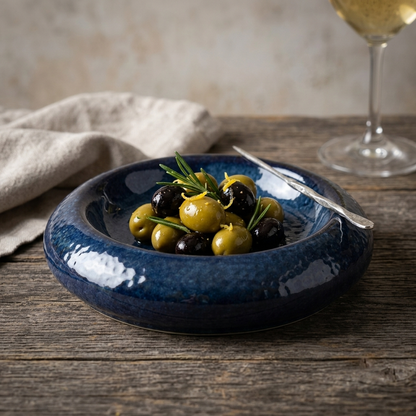 Premium Dark Blue Ceramic Round Serving Plate – Glossy Finish with Textured Rim | 25.5 × 25 × 8 cm (DZ)
