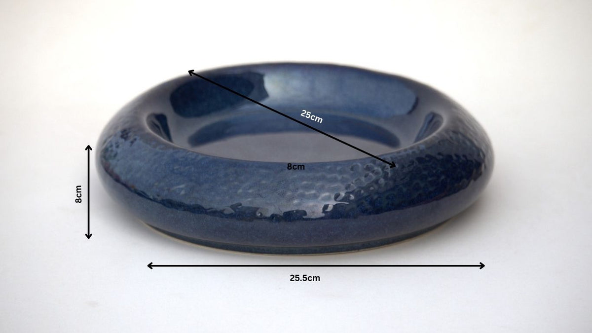 Premium Dark Blue Ceramic Round Serving Plate – Glossy Finish with Textured Rim | 25.5 × 25 × 8 cm (DZ)