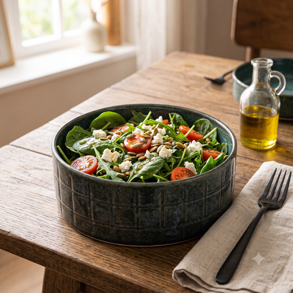 Premium Dark Green Ceramic Serving Bowl with Textured Grid Design | 17 × 17 × 6.5 cm (DZ)