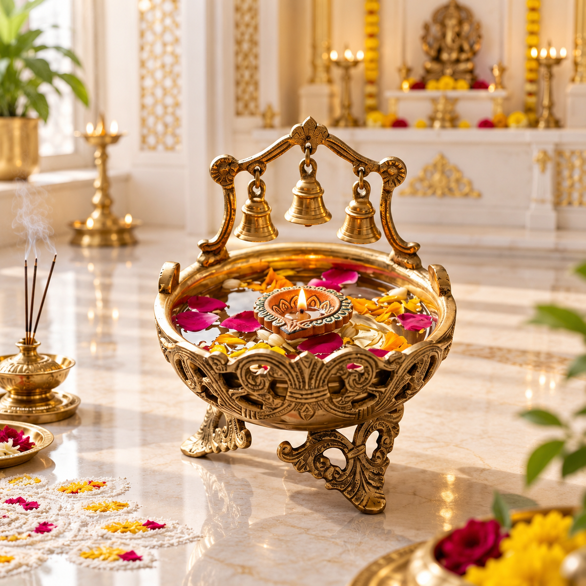 Brass Urli Bowl with 3 Bells for Pooja & Home Décor - (DZ)