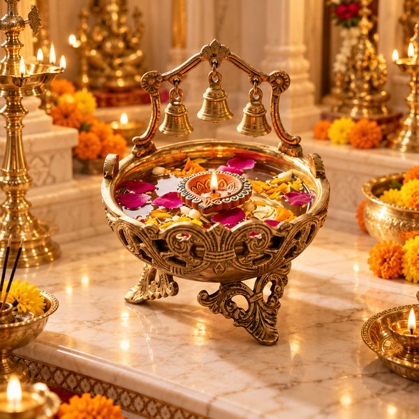 Brass Urli Bowl with 3 Bells for Pooja & Home Décor - (DZ)