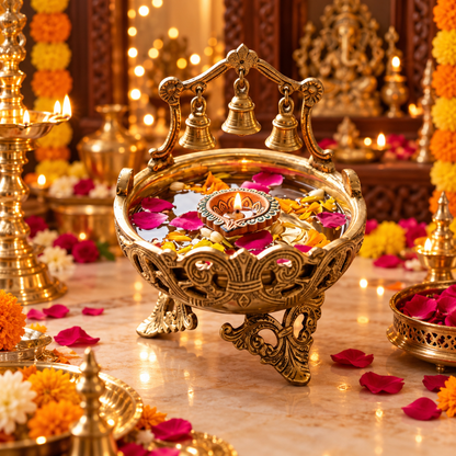 Brass Urli Bowl with 3 Bells for Pooja & Home Décor - (DZ)