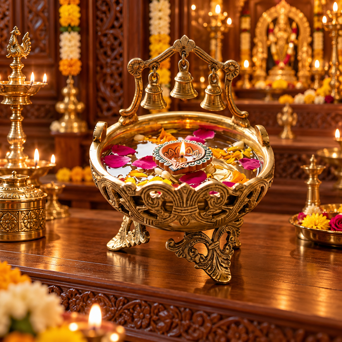 Brass Urli Bowl with 3 Bells for Pooja & Home Décor - (DZ)