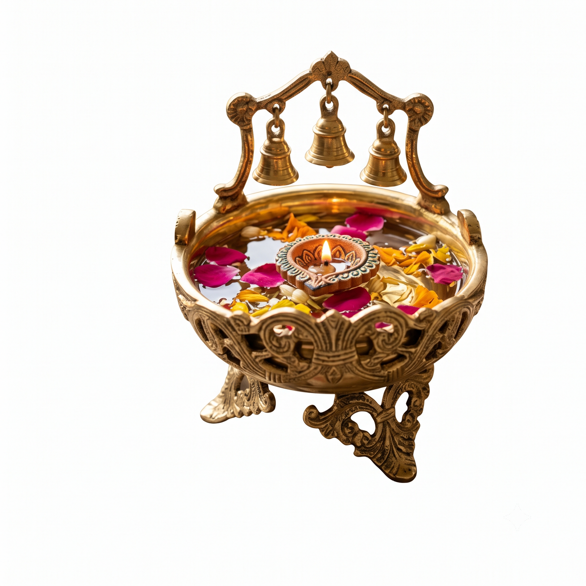 Brass Urli Bowl with 3 Bells for Pooja & Home Décor - (DZ)