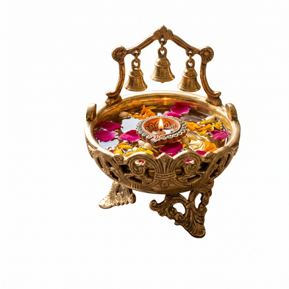 Brass Urli Bowl with 3 Bells for Pooja & Home Décor - (DZ)
