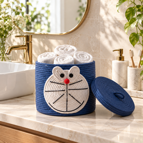 Premium Doraemon-Inspired Cotton Rope Storage Basket with Lid – Eco-Friendly Kids Bathroom Organizer | 25 × 25 × 25 cm (DZ)