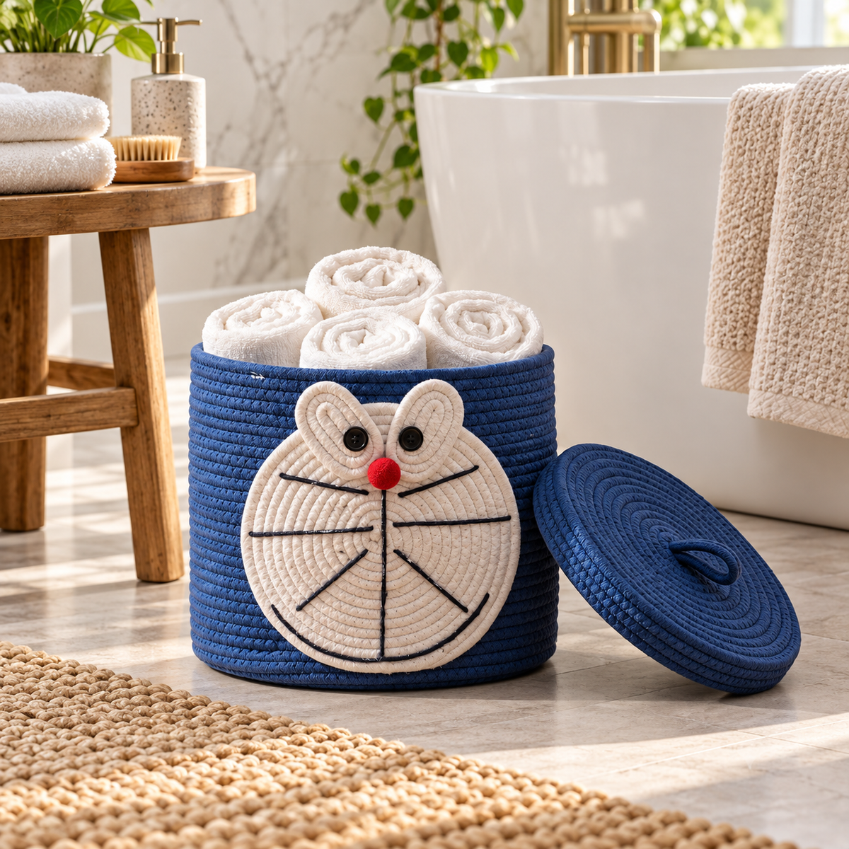 Premium Doraemon-Inspired Cotton Rope Storage Basket with Lid – Eco-Friendly Kids Bathroom Organizer | 25 × 25 × 25 cm (DZ)