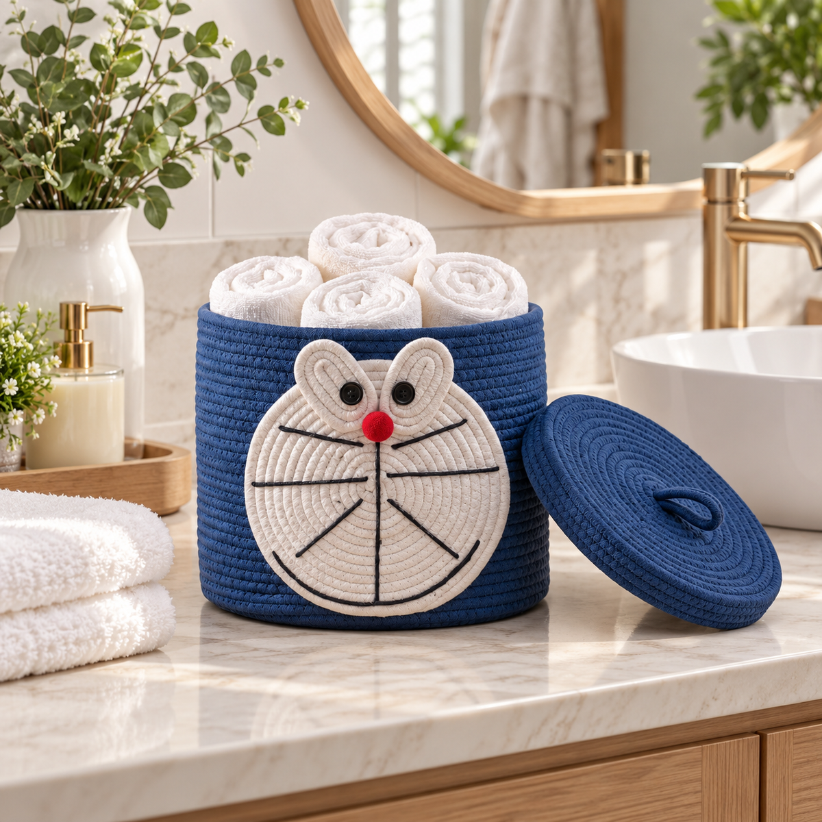 Premium Doraemon-Inspired Cotton Rope Storage Basket with Lid – Eco-Friendly Kids Bathroom Organizer | 25 × 25 × 25 cm (DZ)