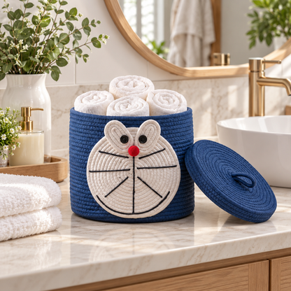 Premium Doraemon-Inspired Cotton Rope Storage Basket with Lid – Eco-Friendly Kids Bathroom Organizer | 25 × 25 × 25 cm (DZ)