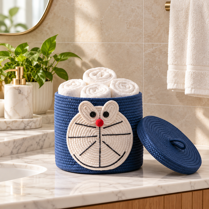 Premium Doraemon-Inspired Cotton Rope Storage Basket with Lid – Eco-Friendly Kids Bathroom Organizer | 25 × 25 × 25 cm (DZ)