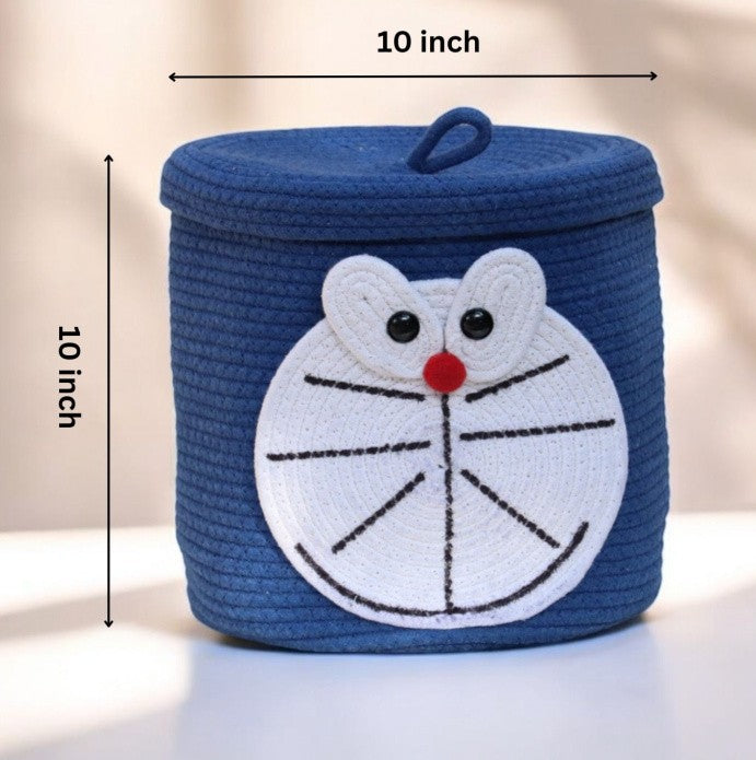 Premium Doraemon-Inspired Cotton Rope Storage Basket with Lid – Eco-Friendly Kids Bathroom Organizer | 25 × 25 × 25 cm (DZ)