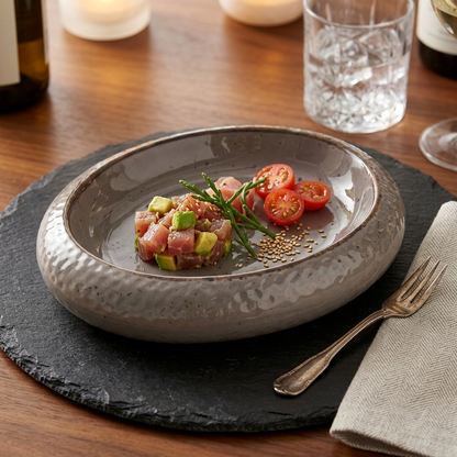 Premium Grey Ceramic Oval Serving Platter – Glossy Speckled Finish with Textured Rim | 27 × 21 × 6 cm (DZ)