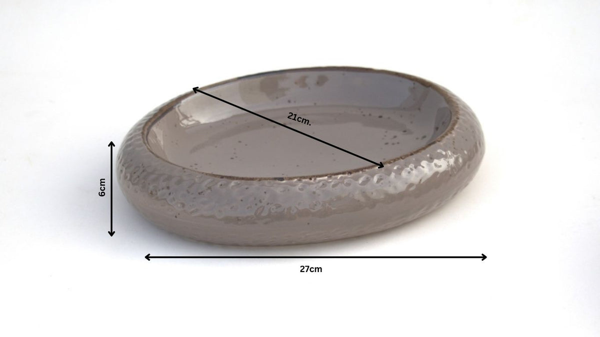 Premium Grey Ceramic Oval Serving Platter – Glossy Speckled Finish with Textured Rim | 27 × 21 × 6 cm (DZ)