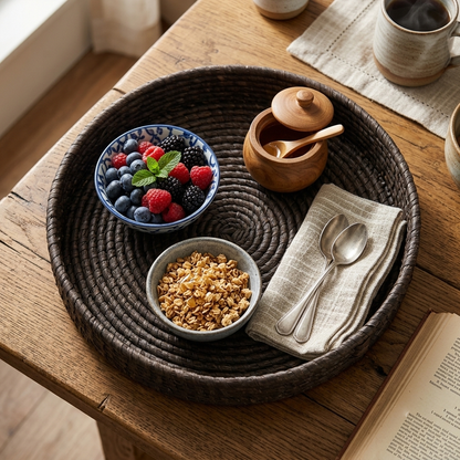 Premium Handwoven Sabai Grass Round Serving Tray with Handles – Eco-Friendly Woven Basket | 10 × 10 × 3 inches (DZ)