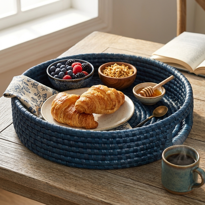 Premium Handwoven Sabai Grass Round Serving Tray with Handles – Eco-Friendly Woven Basket | 10 × 10 × 3 inches (DZ)