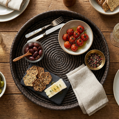 Premium Handwoven Sabai Grass Round Serving Tray with Handles – Eco-Friendly Woven Basket | 10 × 10 × 3 inches (DZ)